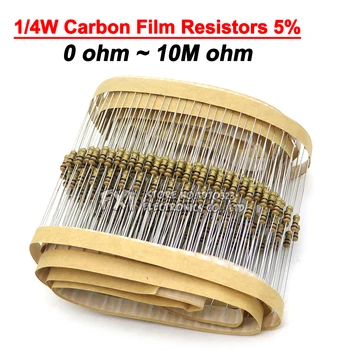 100PCS 1/4W คาร์บอนหนัง Resistors 5%1R-10M 10R 47R 100R 220R 1K 10 เคเลย 4K7100K 560K 1M 3M3 ohm ibuw สีแหวนต่อต้าน