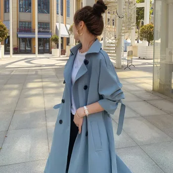 2021 แฟชั่นผู้หญิงเสื้อสีน้ำเงิน Color นานสอง Breasted กับเข็มขัดฤดูใบไม้ผลิฤดูใบไม้ร่วงผู้หญิงเสื้อผู้หญิงภาษาเกาหลีห Outerwear