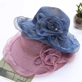 2023 ใหม่หน้าร้อน Organza Fascinator หมวกสำหรับผู้หญิงแต่งงานโบสถ์หมวกปาร์ตี้หญิงแห่งเหล่าอัศวินราชินีและอสรดอกไม้เสน่ห์โครงร่างกว้าง Brim งอาทิตย์หมวก