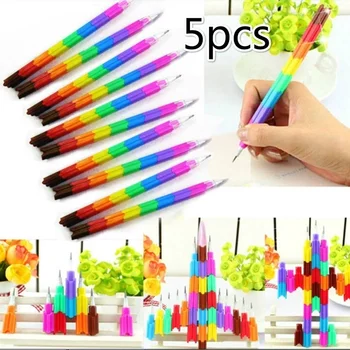 5Pcs/สร้างสรรค์มากมายสายรุ้งตัวเรียงตั้งสวางดินสอตึกบล็อคนที่ไม่ใช่ Sharpening ดินสงานเขียนสำหรับดินสอนเด็กน่ารักวางดินสอ