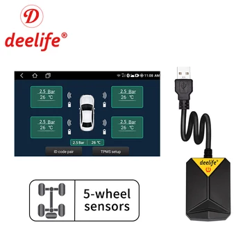 Deelife 5 ล้อ TPMS สำหรับ Android รถวิทยุโปรแกรมเล่นดีวีดี name นื่ความดันตรวจสอบของระบบป้อง Tyre ตัวตรวจจับพอร์ต USB TMPS