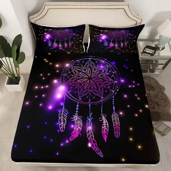 Dreamcatcher ติดตั้งแผ่นงาน Boho Mandala ธีเข้าหอกับ 2 Pillowcases สีม่วงเครื่องจับความฝันของบนเตียงแผ่นงานจัดขึ้นเตียงกับเปิดกระเป๋า
