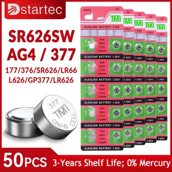 DStartec 50PCS AG4 เหรียญแบตเตอรี่ LR626377 ปุ่มมือถือเหรียญ Alkaline แบตเตอรี่ 1.55 วี SR626SW 377A LR66 สำหรับนาฬิกาของเล่นไม่มีสารปรอท