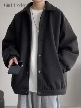 Gmiixder ฤดูหนาวเกาหลี Tweed แจ็คเก็ตคน Oversize หนา Lapel Woolen เสื้อโค้ท Unisex ฮ่องกงรูปแบบวัยรุ่นปุ่มง่ายขึ้นด้านบน