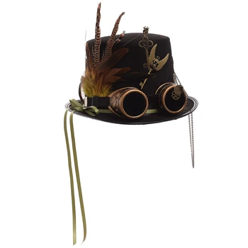 Steampunk หมวกผู้ชายผู้หญิงทุกคนใส่แว่นขนนกฟันเฟืองหัวใส่ Goth Lolita ดำ Fedoras ด้านบนหมวก