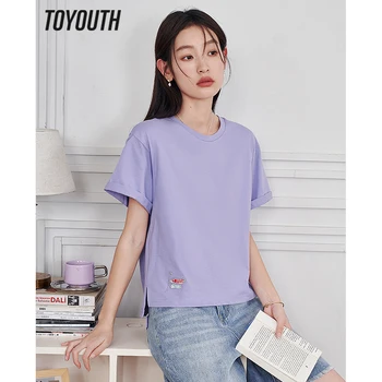 Toyouth ผู้หญิงเสื้อยื 2023 หน้าร้อนสั้นแขนโอคอขาด Tees Embroidery หกสีปกติกับพื้นฐานตรงกับทุกอย่าง