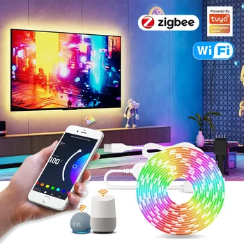 ฉลาด Zigbee RGB นำแสงไฟถอดเสื้อผ้า Wifi Tuya พอร์ต USB นำไฟ 5V ยืดหยุ่นของเทปออกทีวี Backlight กลับบ้านห้องทำงานกับอเล็กซ่าของกูเกิ้ล