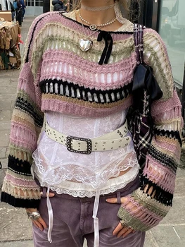 ผู้หญิง Knit นโครงร่างข้าวโพดไปส่วนหนึ่ y2k เสื้อ Streetwear ในห้องออกไป Fishnet เหล้าองุ่นอย่าง 90s เทกรันจ์สเวตเตอร์ของผู้หญิงเสื้อผ้า 2023