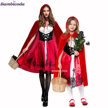 ผู้หญิงชุดวันฮัลโลวีนเด็กหนูน้อยหมวกแดง Cosplay เจ้าหญิงชุดงานปาร์ตี้เสื้อผ้าคลุมหรูหราของแม่และลูกสาวของชุด