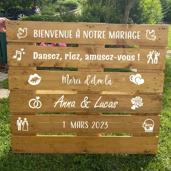 ฝรั่งเศส Personalized งานแต่งงาน Pallet Viny Stickers Decals BIENVENUE Mariage งานแต่งงานตกแต่งหน้าต่างกำหนดเองชื่อเดท Decal งานปาร์ตี้แต่การตกแต่ง