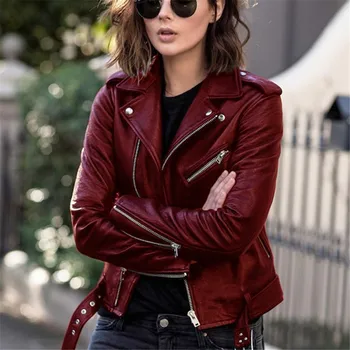 ฤดูใบไม้ร่วงสั้นเสื้อของแข็ง Revers หญิง Moto Biker เสื้อบางผู้หญิเจ๋ง Faux แจ๊คเก็ตหนังสั้นเพียงน้อยเครื่องหนัง Outwear