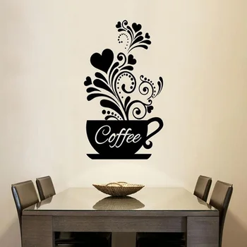 สร้างสรรค์ลิงค์ดอกไม้ดื่มกาแฟถ้วยกำแพงด้วยป้ายสติ๊กเกอสำหรับร้านกาแฟร้านอาหารตกแต่งหน้าต่าง Decals ภาพพื้นหลังมือของแกะสลักองครัว Stickers
