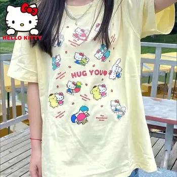 ฮัลโหลคิตตี้เสื้อผ้า Sanrio Kawaii ฤดูร้อนอย่าง Kuromi ทีเสื้อเชิ้ตผู้หญิงเตี้ยที่แขนหลุด Tees Streetwear อะนิเม Y2K ผู้หญิง Blouses