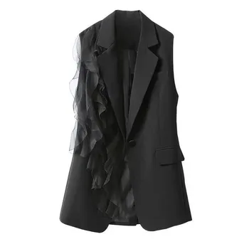 ในชุดดำเสื้อกั๊กหญิงหน้าร้อน 2023 ใหม่เกาหลีแฟชั่นตะเข็บ Chiffon Sleeveless นในเสื้อคลุม Waistcoat ผู้หญิงเสื้อ Outerwear ด้านบน