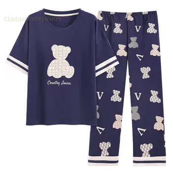 ใหญ่ 5XL Pajama ตั้งค่าสั้น Sleeved การ์ตูนปักหมี Knitted ค็อตตอน Plaid Sleepwear แห่งเหล่าอัศวินราชินีและอสรผู้หญิงเป็นชุดนอนห้องรับรองที่บ้าน Pijama Mujer